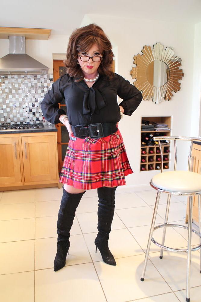 25P 285 Black satin blouse and red mini kilt with OTK boots
