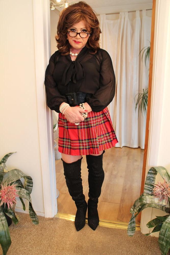 25P 285 Black satin blouse and red mini kilt with OTK boots