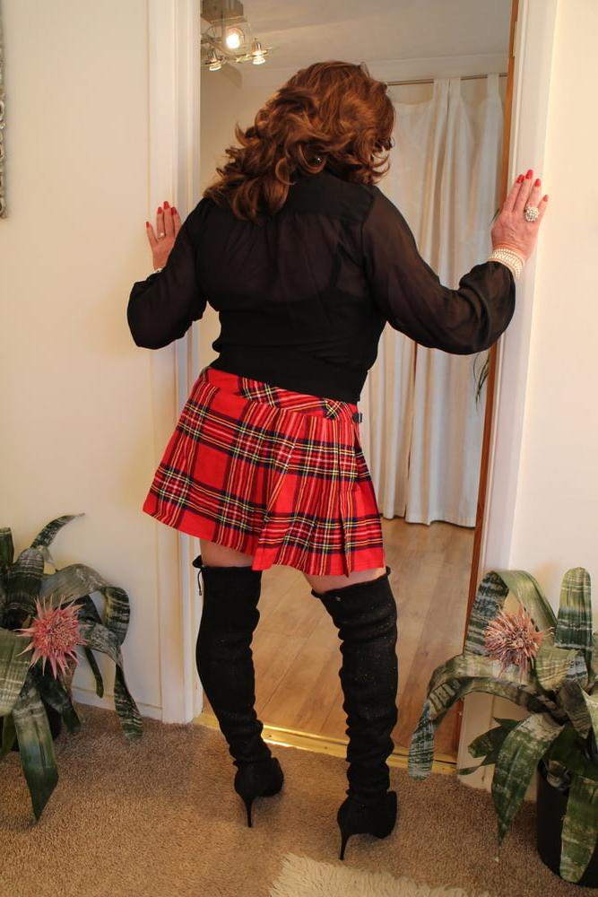 25P 285 Black satin blouse and red mini kilt with OTK boots