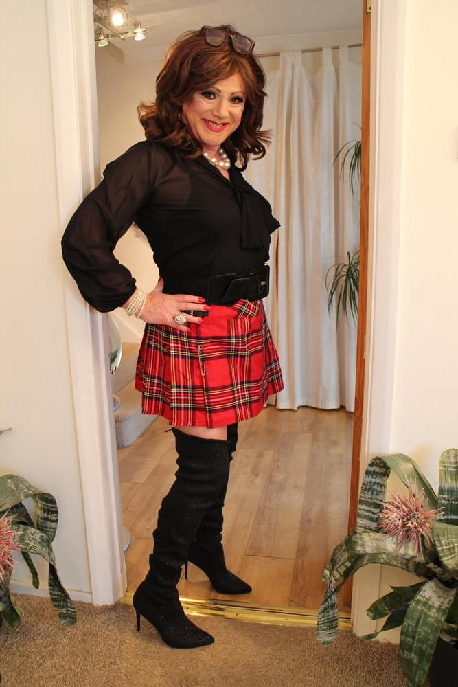 25P 285 Black satin blouse and red mini kilt with OTK boots