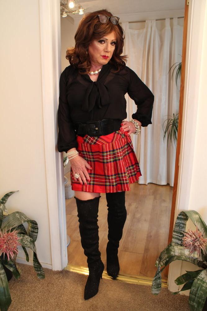 25P 285 Black satin blouse and red mini kilt with OTK boots