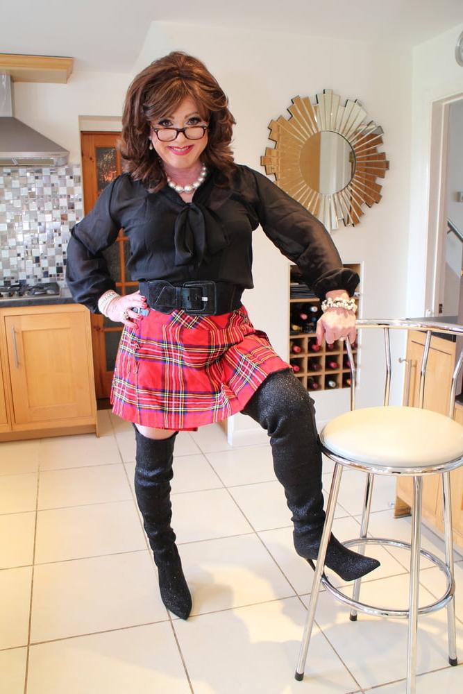 25P 285 Black satin blouse and red mini kilt with OTK boots