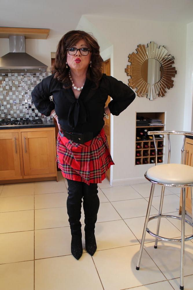 25P 285 Black satin blouse and red mini kilt with OTK boots