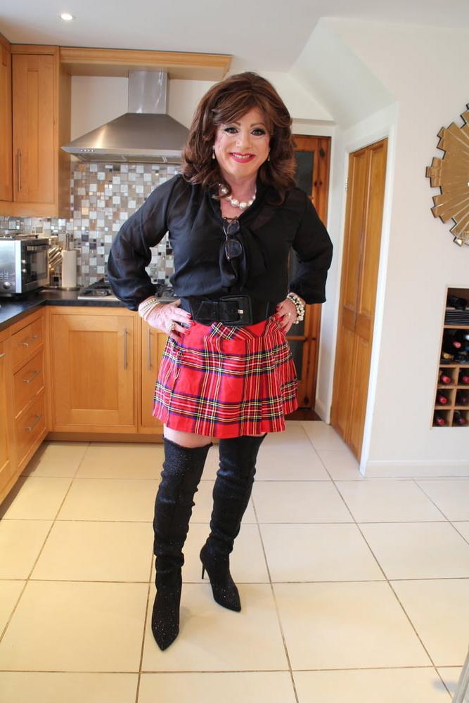 25P 285 Black satin blouse and red mini kilt with OTK boots