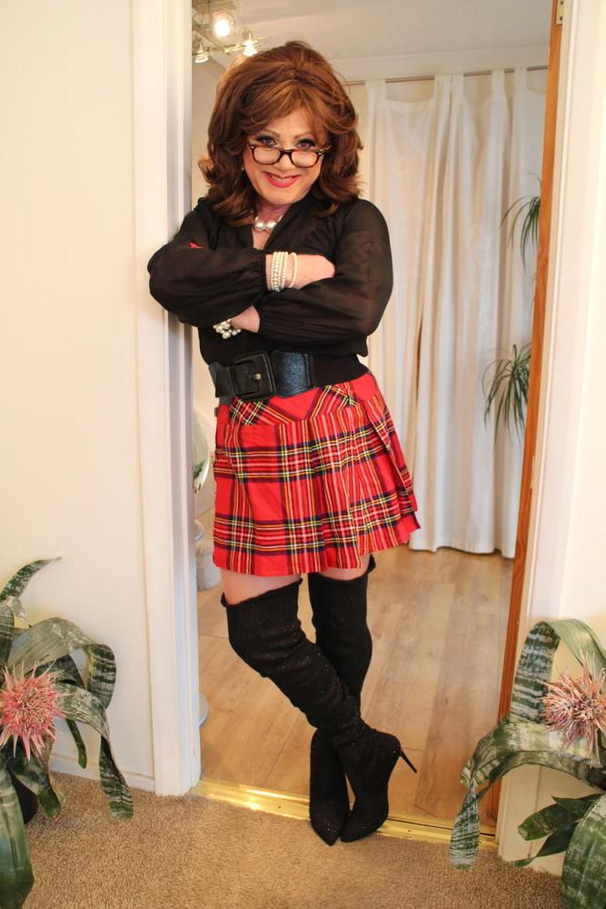 25P 285 Black satin blouse and red mini kilt with OTK boots