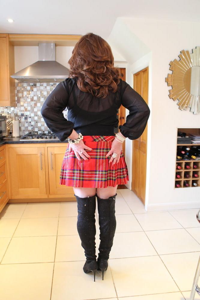 25P 285 Black satin blouse and red mini kilt with OTK boots