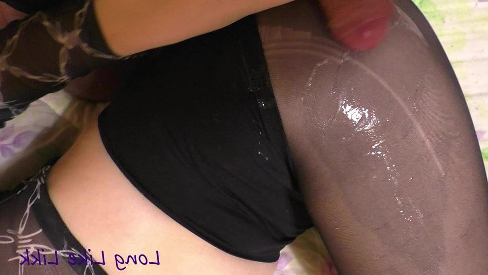 25P Cum on beautiful legs in black pantyhose