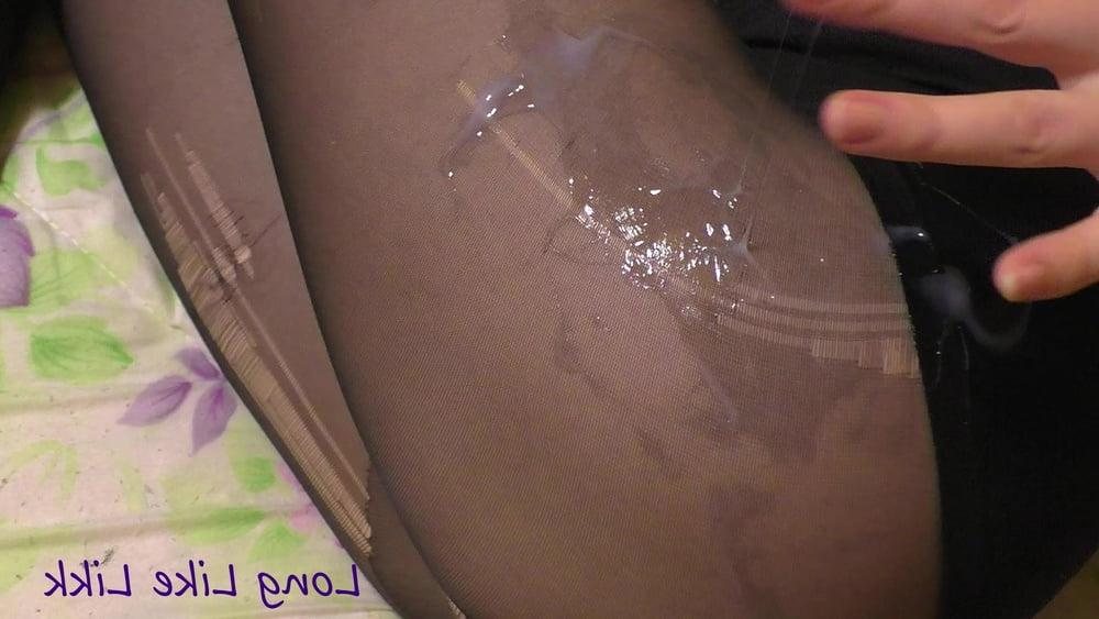 25P Cum on beautiful legs in black pantyhose