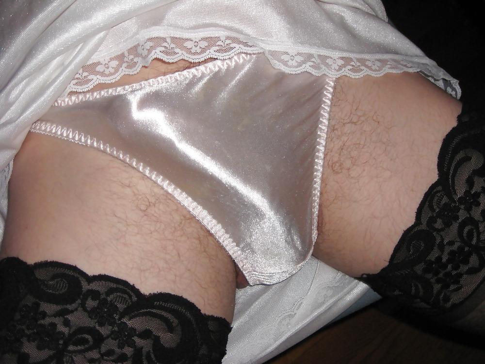 25P My cock in wife's silk panties, slip, and stockings.
