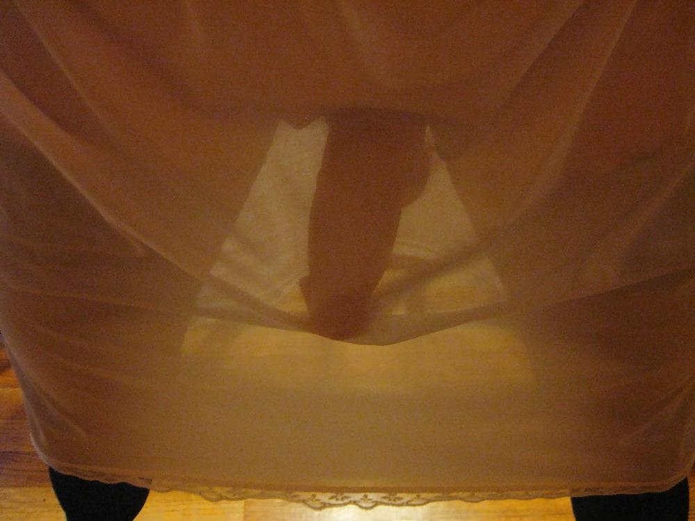 25P My cock in wife's silk panties, slip, and stockings.