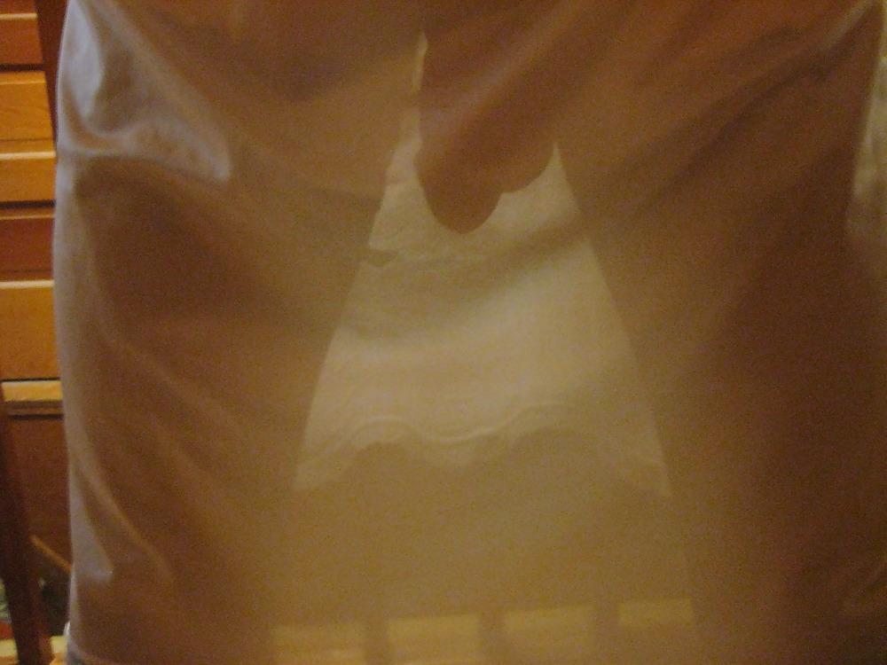 25P My cock in wife's silk panties, slip, and stockings.