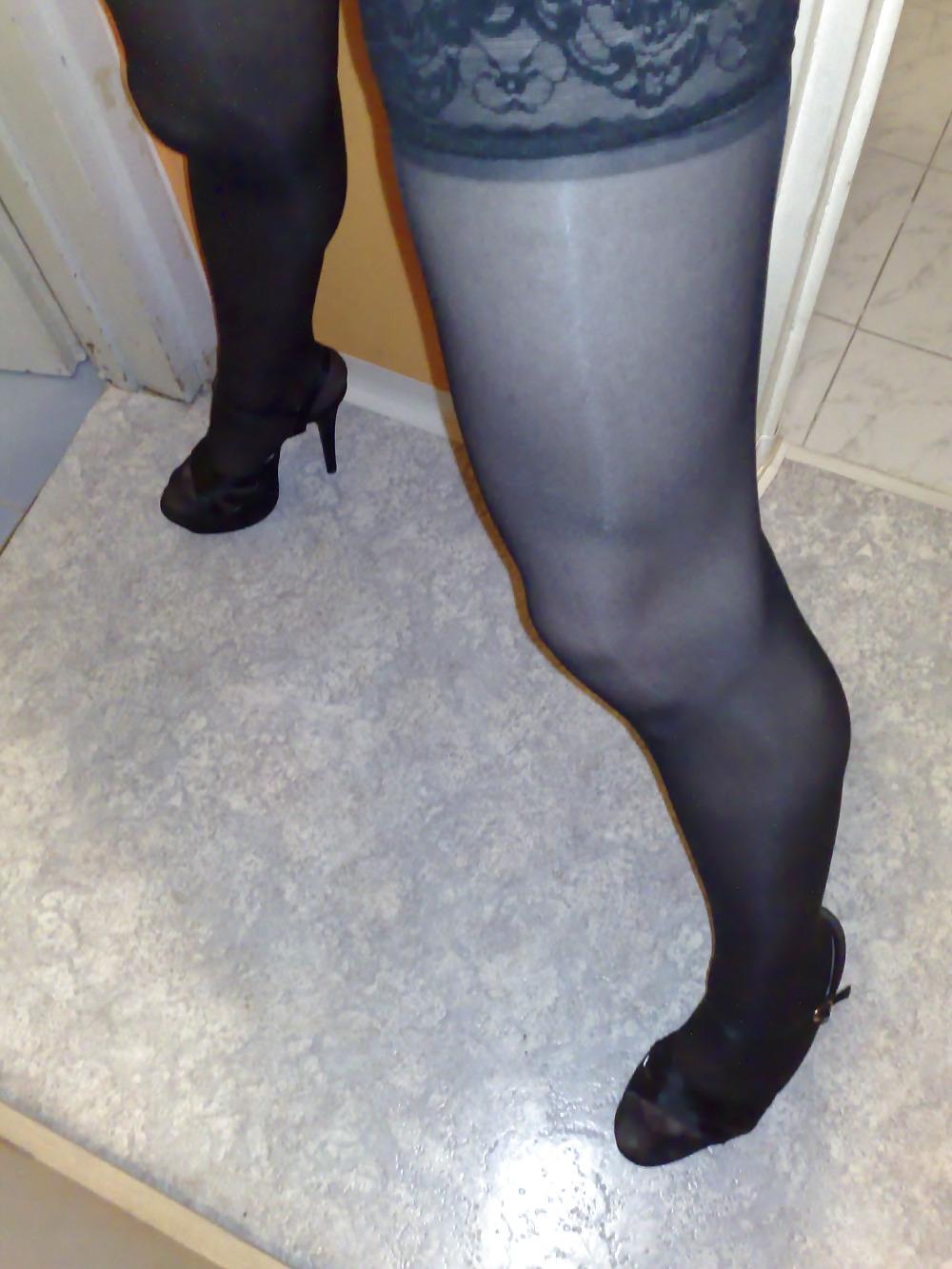 25P Silky black stockings & black high heels
