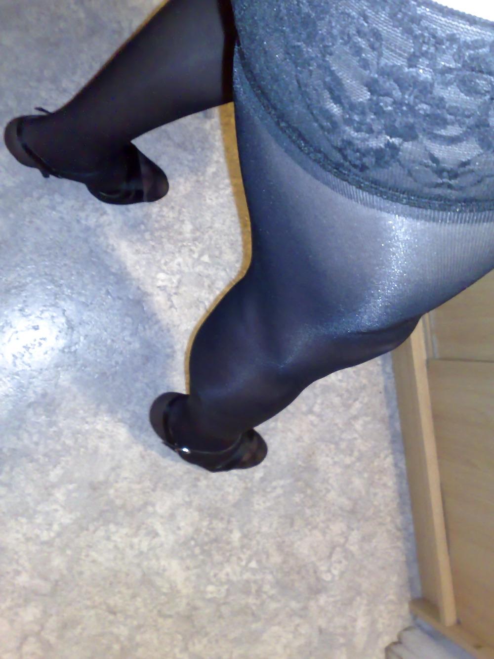 25P Silky black stockings & black high heels