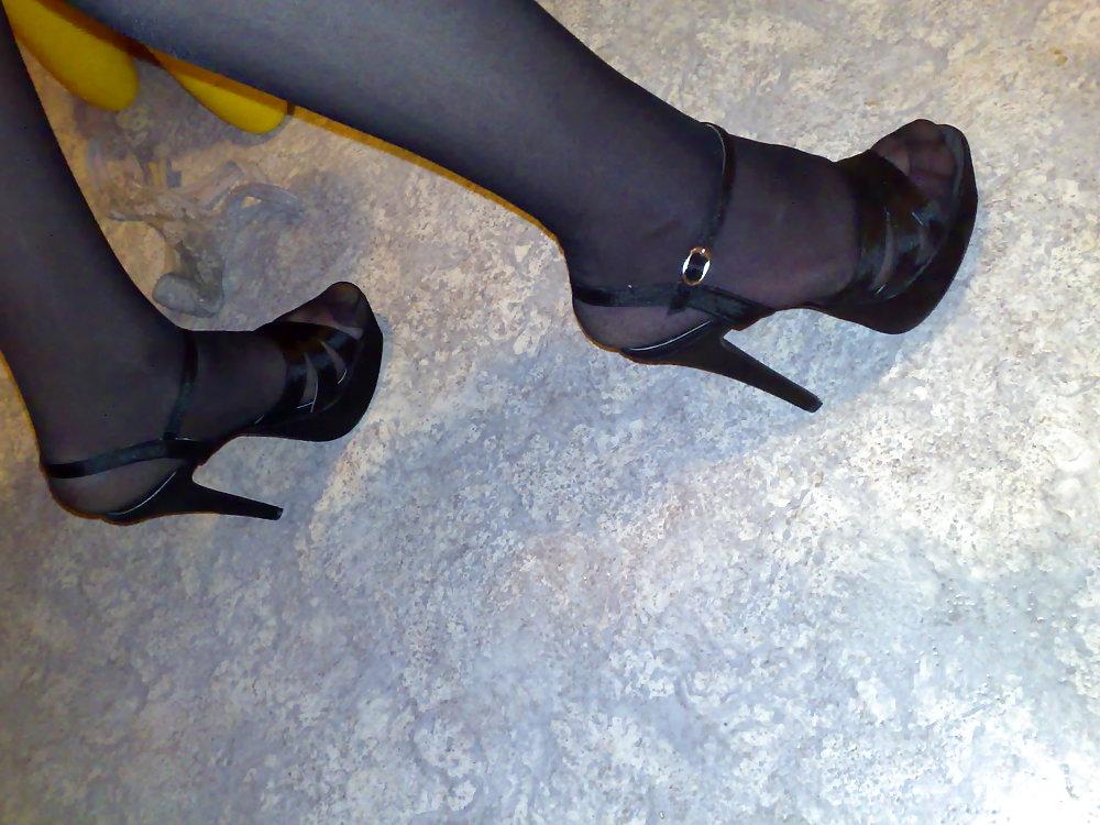 25P Silky black stockings & black high heels