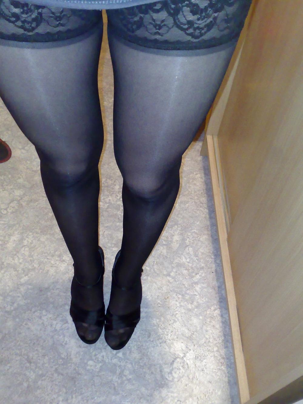 25P Silky black stockings & black high heels