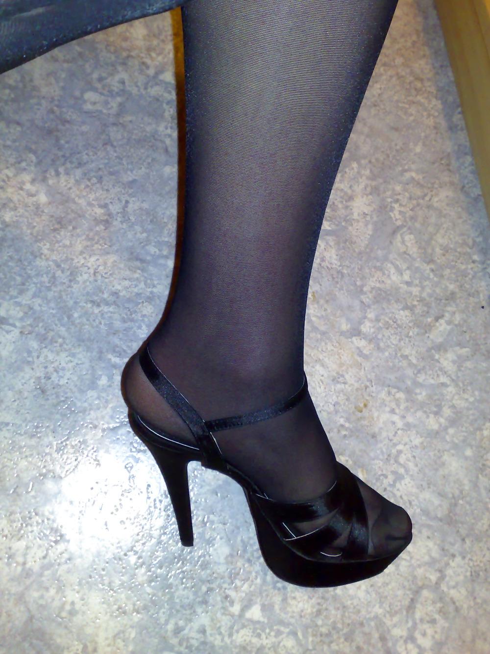25P Silky black stockings & black high heels