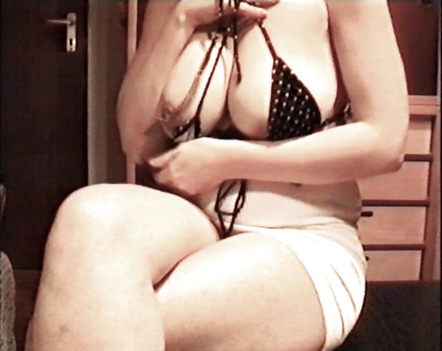10P SAG - Babe's Big Voluptuous Boobs White Mini Dot Bikini 33