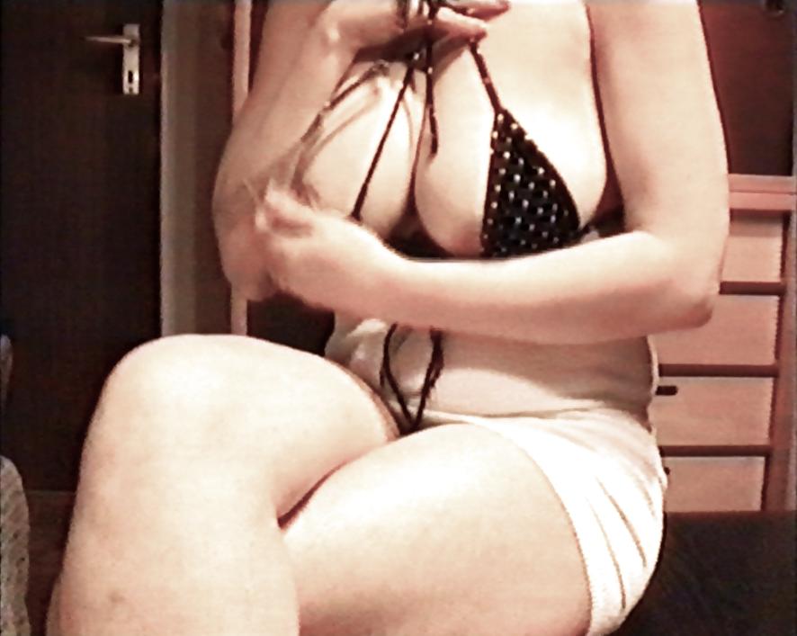 10P SAG - Babe's Big Voluptuous Boobs White Mini Dot Bikini 33