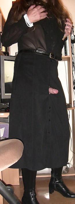 20P Me crossdressing in black buttonthrough skirt & black blouse