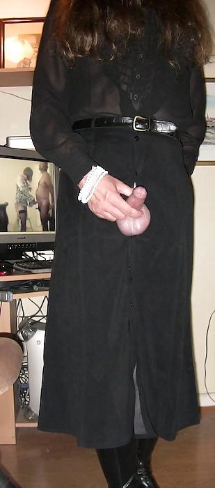 20P Me crossdressing in black buttonthrough skirt & black blouse