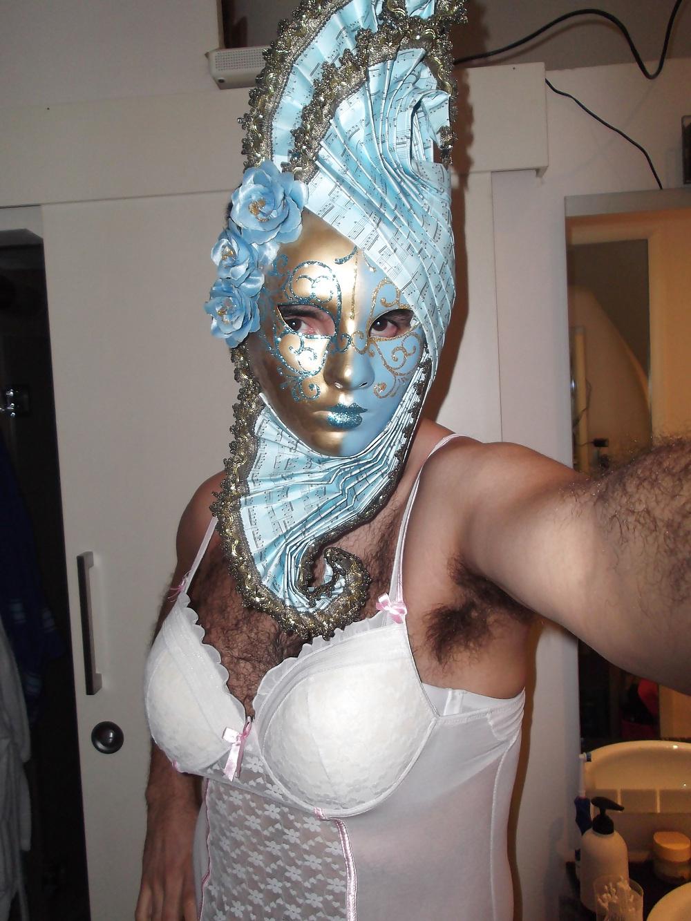 18P White lingerie crossdresser with stockings and mask