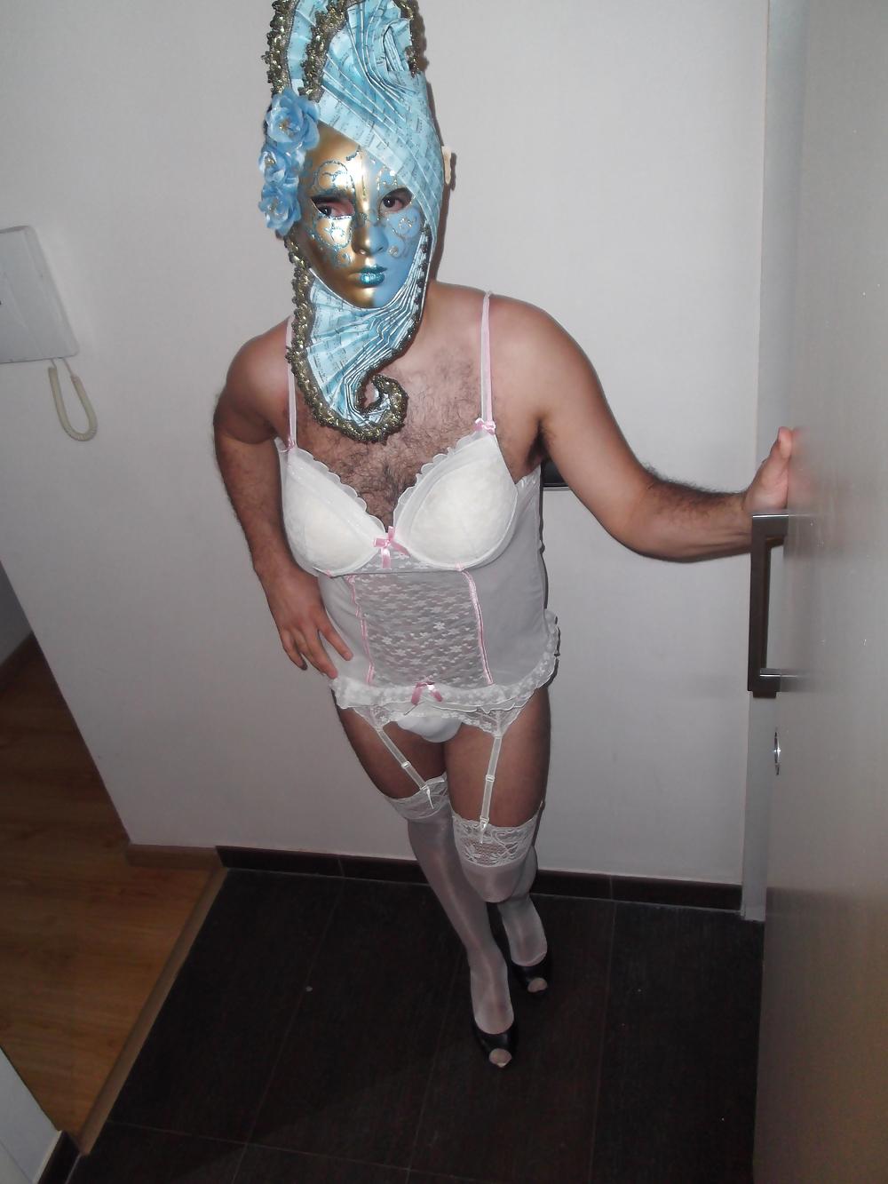 18P White lingerie crossdresser with stockings and mask