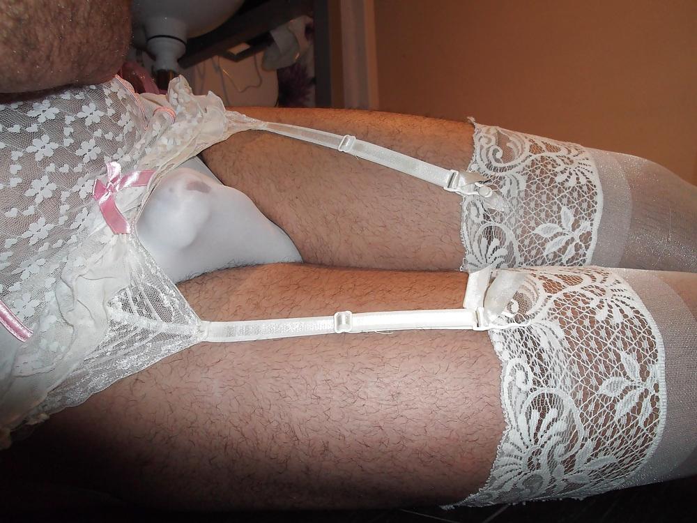 18P White lingerie crossdresser with stockings and mask