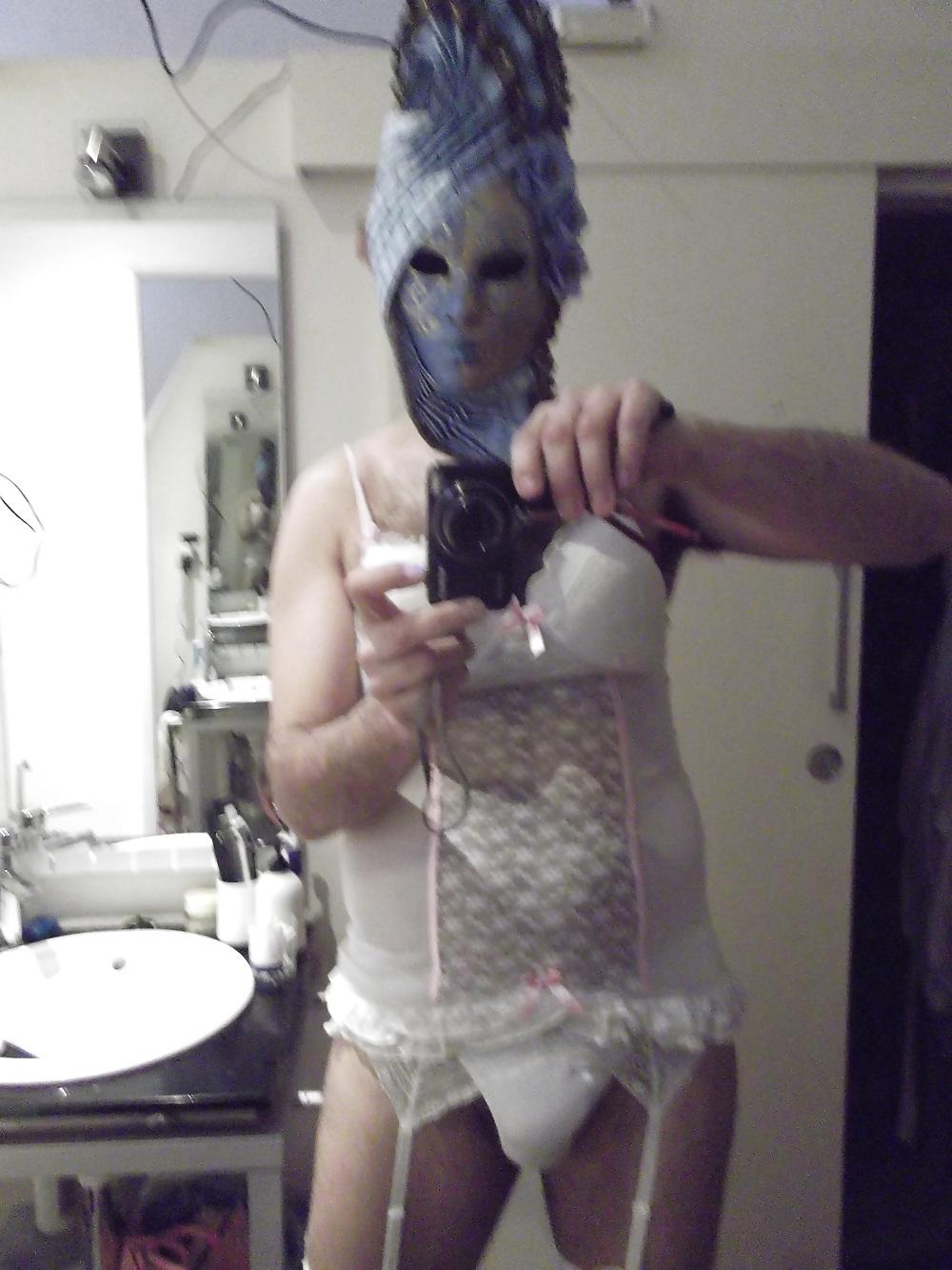 18P White lingerie crossdresser with stockings and mask