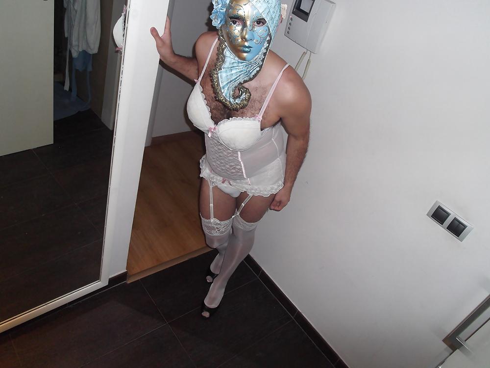 18P White lingerie crossdresser with stockings and mask