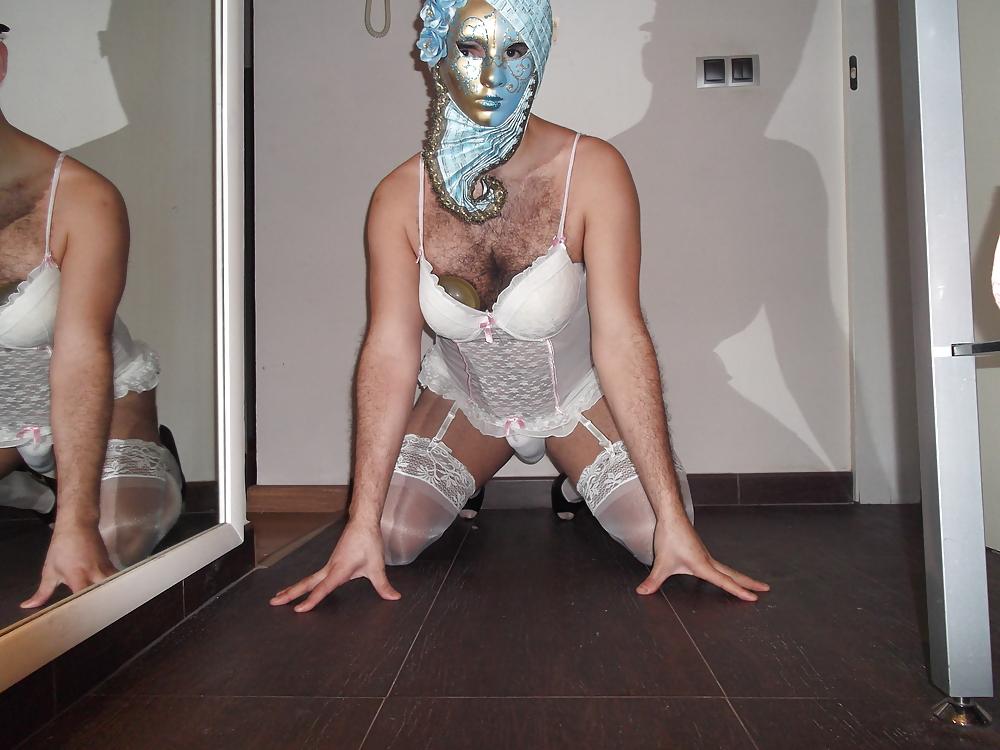 18P White lingerie crossdresser with stockings and mask