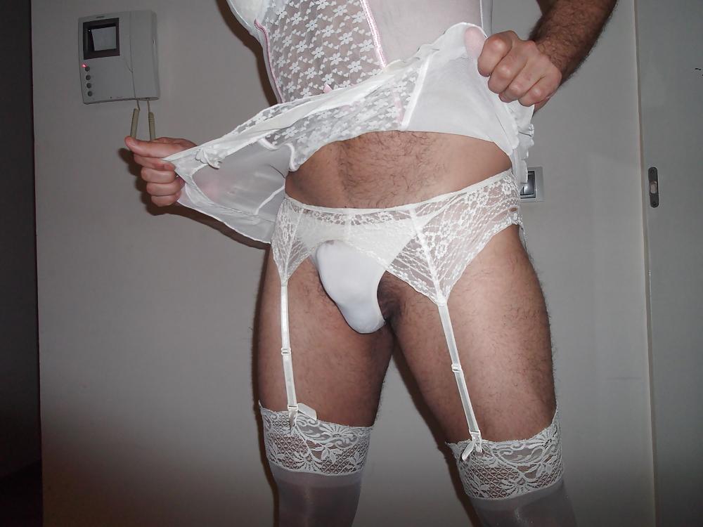 18P White lingerie crossdresser with stockings and mask