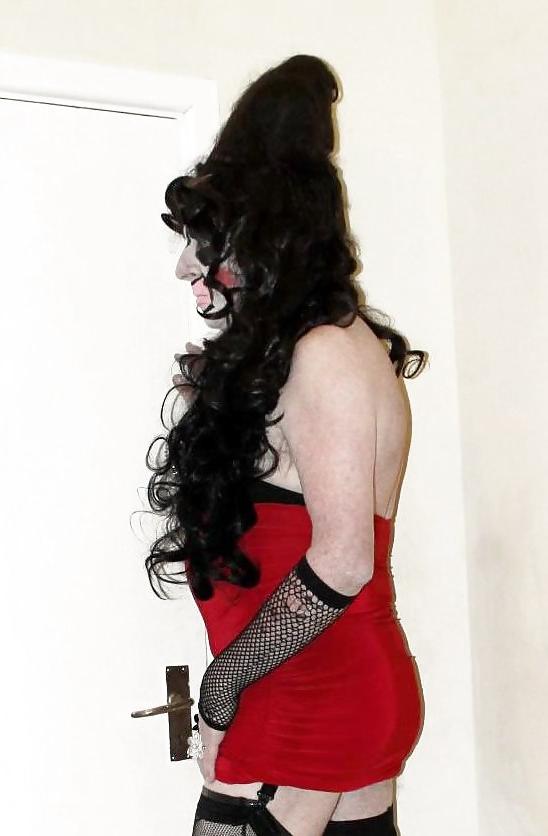 10P Brunette in red stud dress