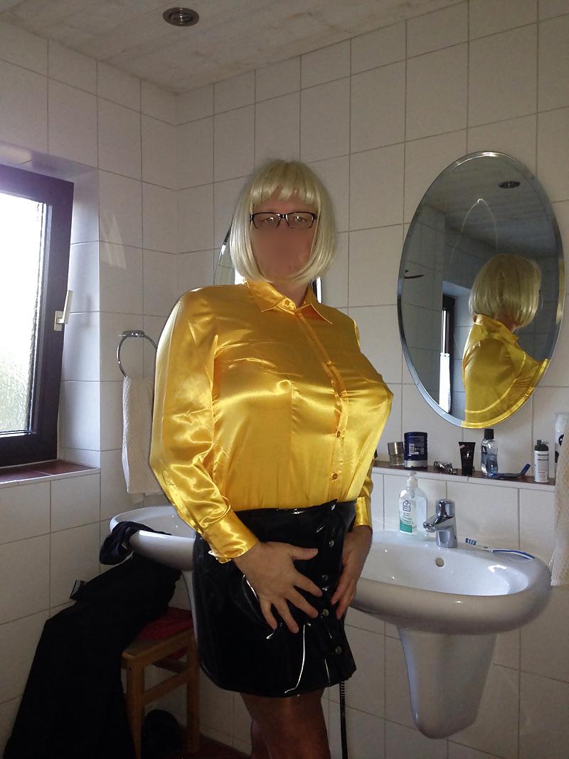 22P Crossdresser wearing Satin Blouse