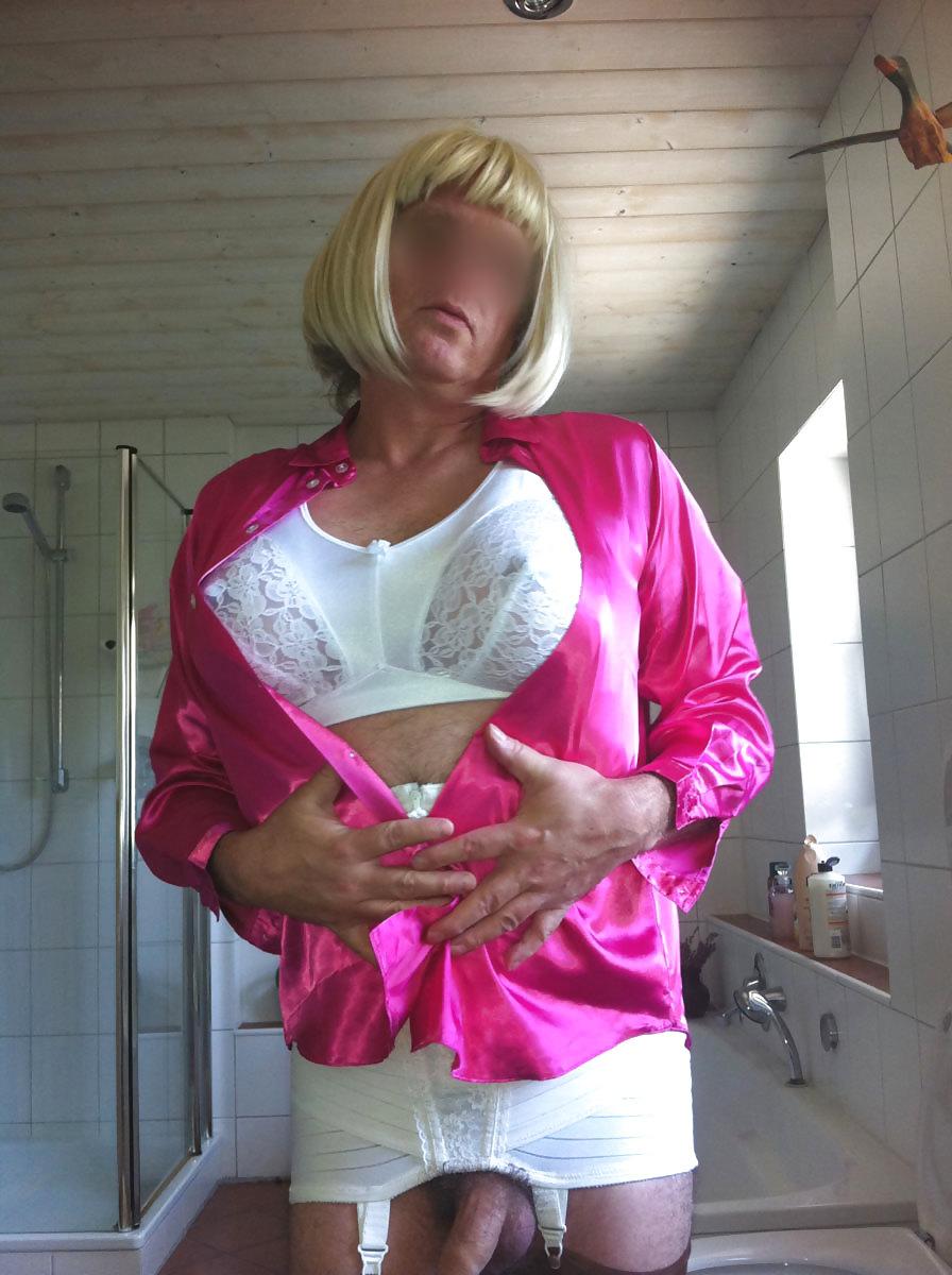 22P Crossdresser wearing Satin Blouse