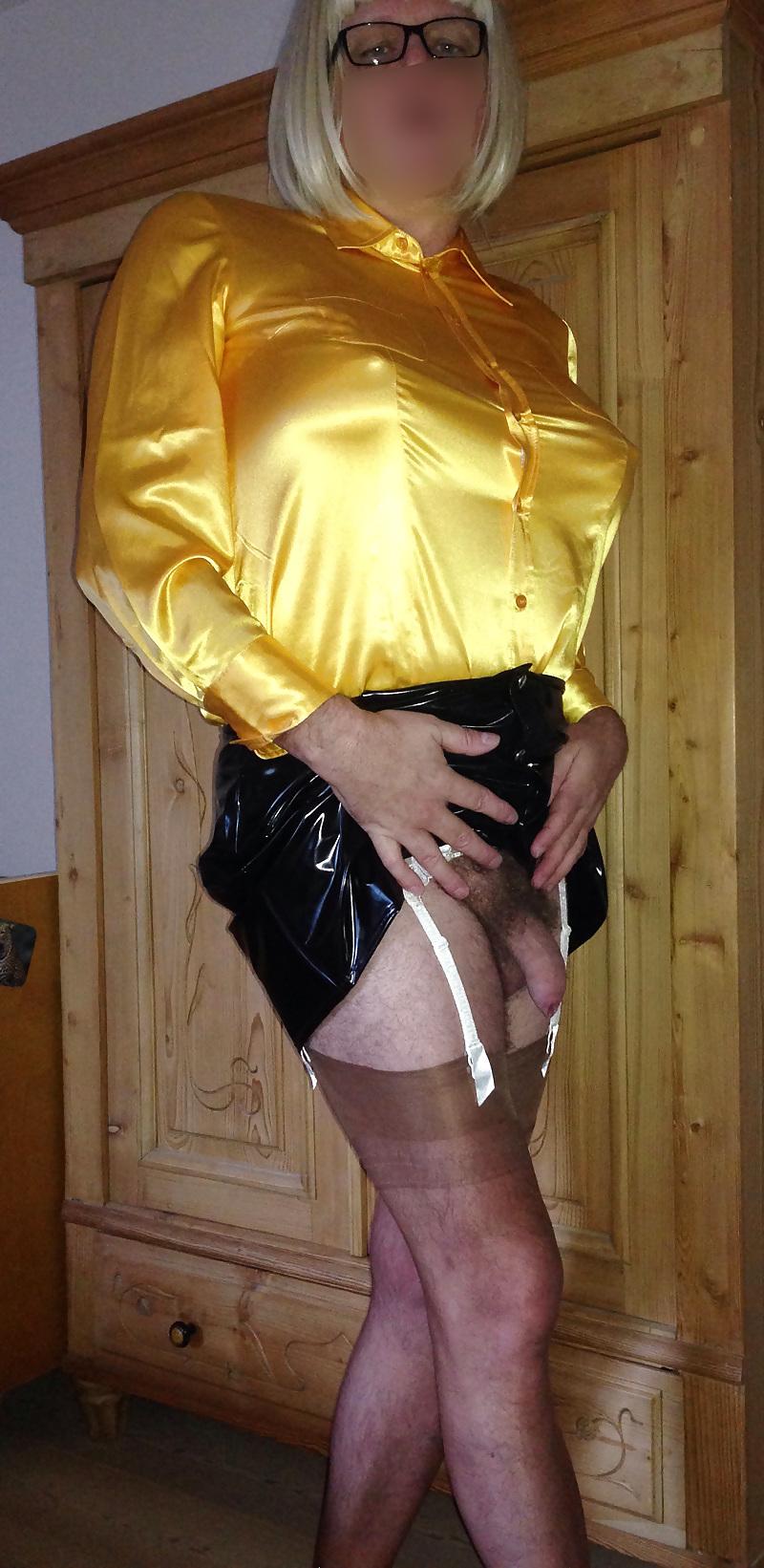 22P Crossdresser wearing Satin Blouse