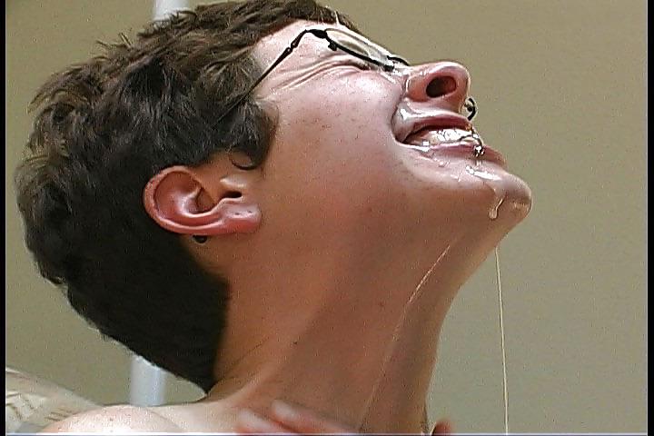 25P Nerdy brunette getting her face drenched by cum