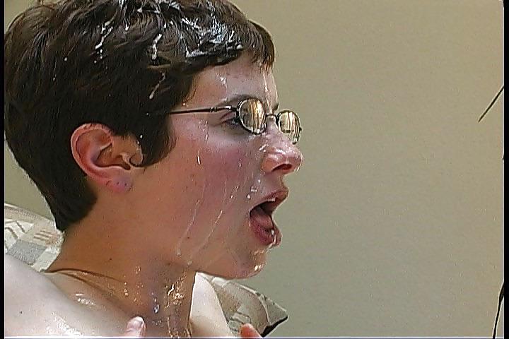 25P Nerdy brunette getting her face drenched by cum