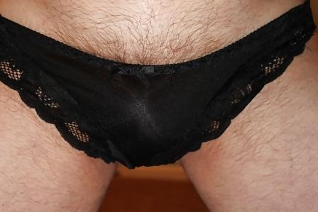 17P Crossdresser in black panties and thigh highs with cum