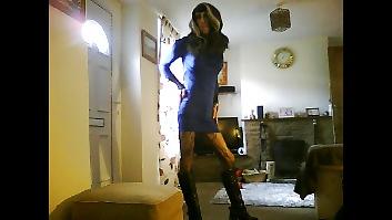 18P Crossdresser in blue halter dress