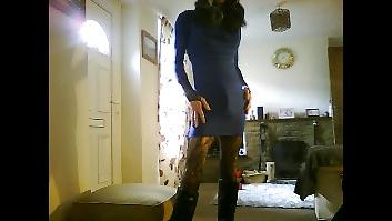 18P Crossdresser in blue halter dress