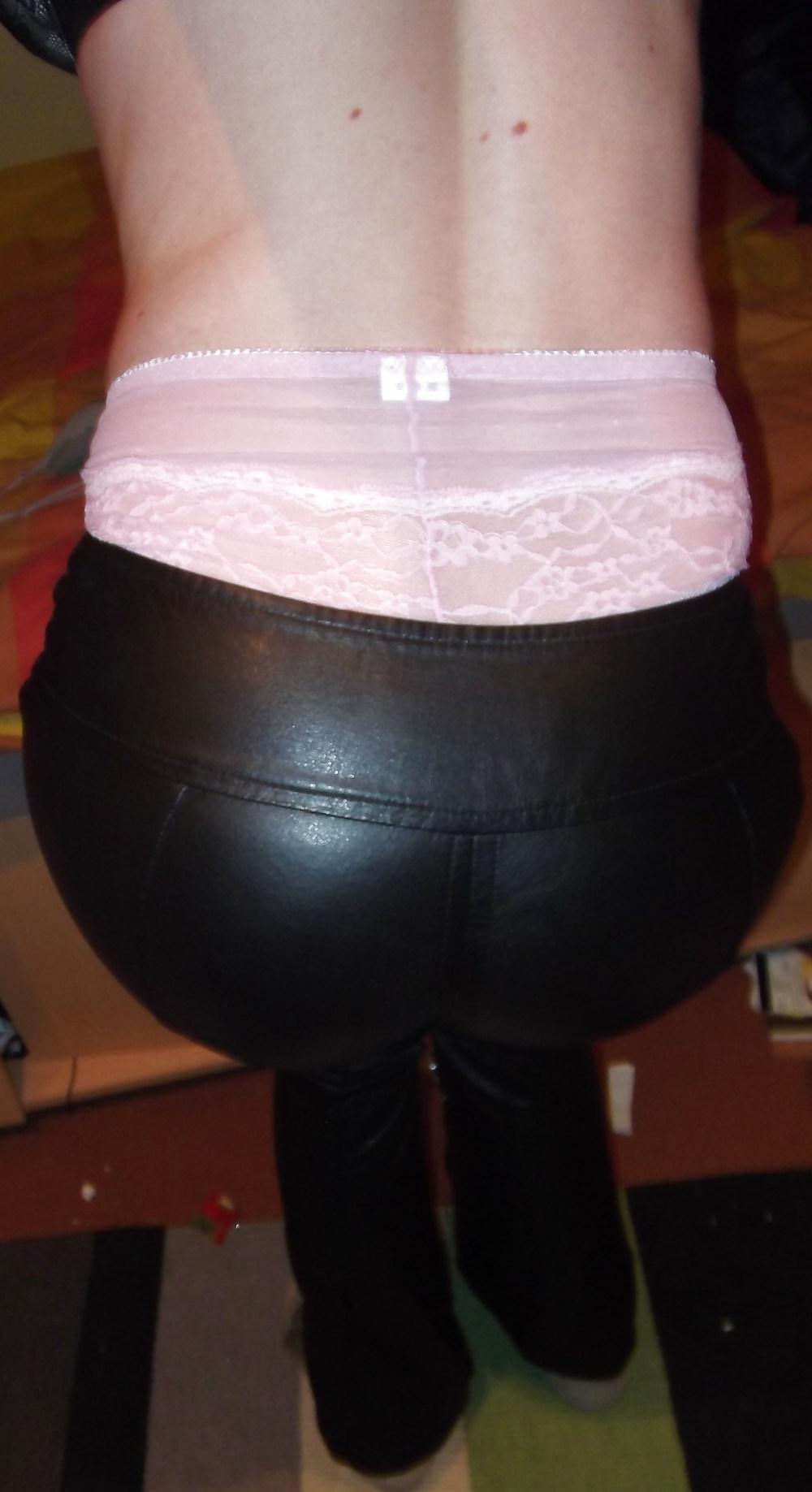 18P Crossdressing in wetlook dress and leather trousers