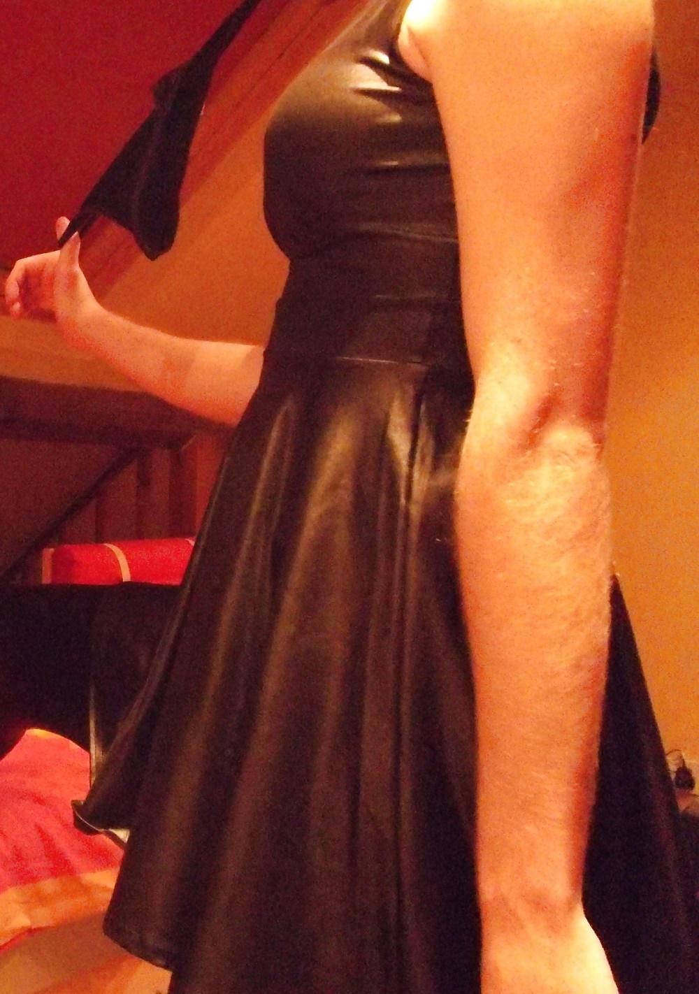 18P Crossdressing in wetlook dress and leather trousers