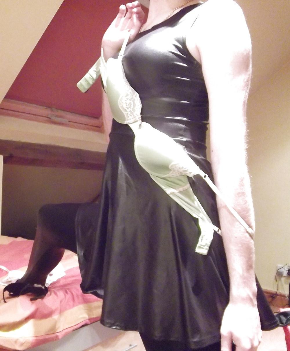 18P Crossdressing in wetlook dress and leather trousers