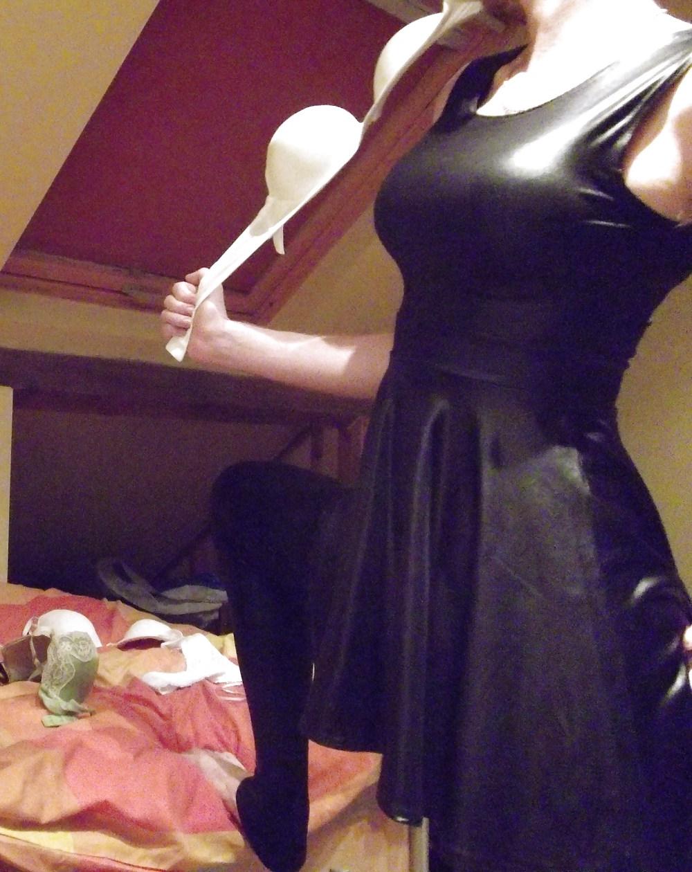 18P Crossdressing in wetlook dress and leather trousers