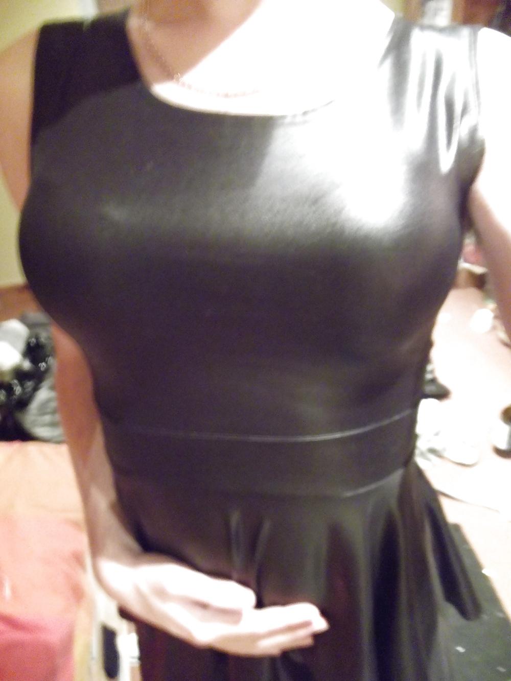18P Crossdressing in wetlook dress and leather trousers