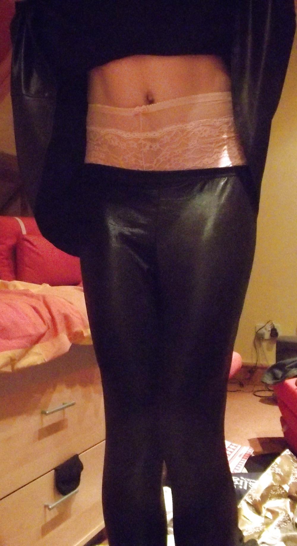 18P Crossdressing in wetlook dress and leather trousers