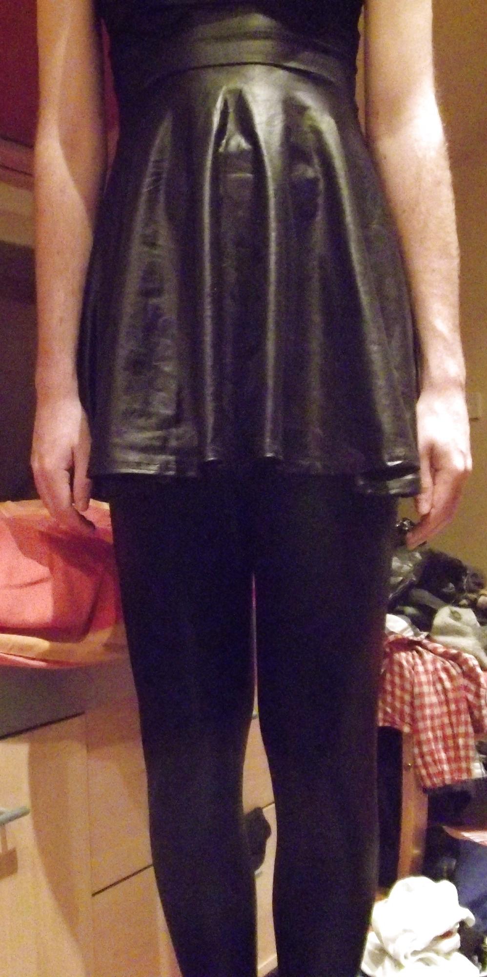 18P Crossdressing in wetlook dress and leather trousers