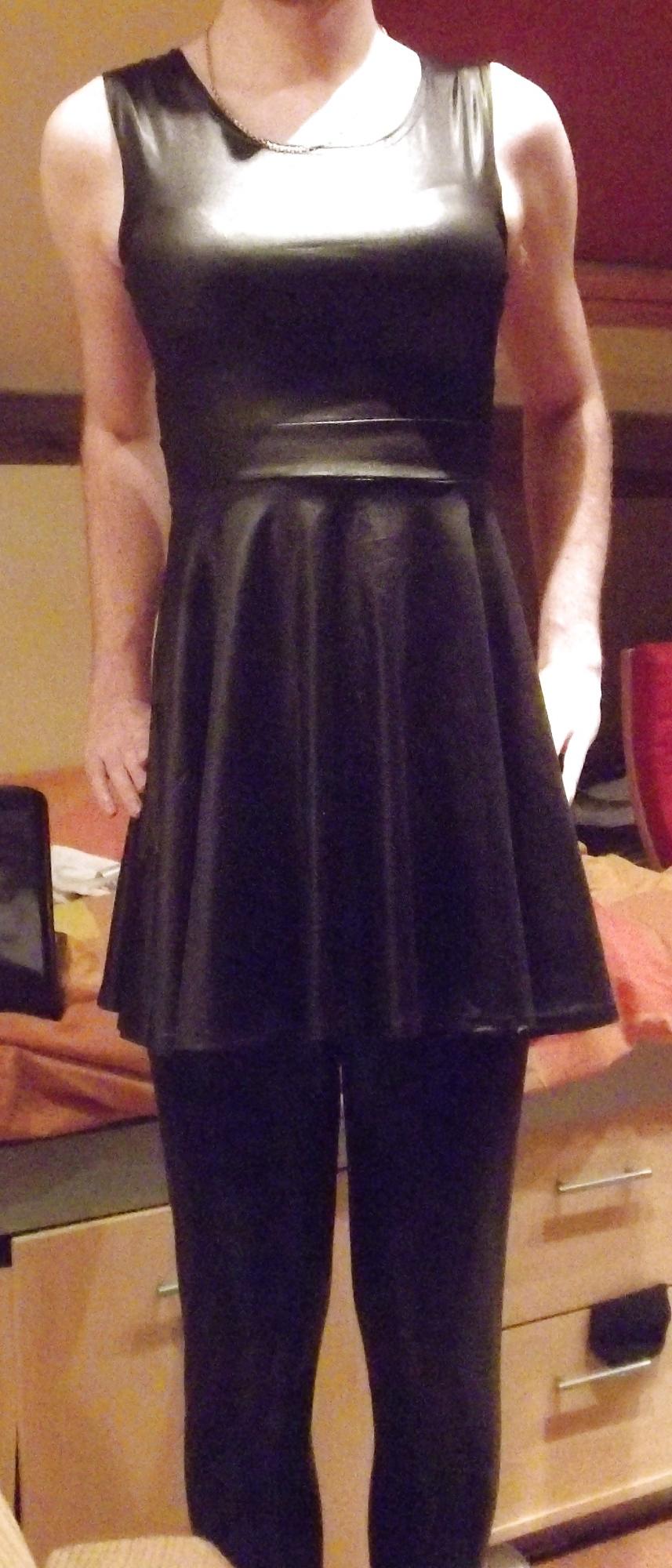 18P Crossdressing in wetlook dress and leather trousers