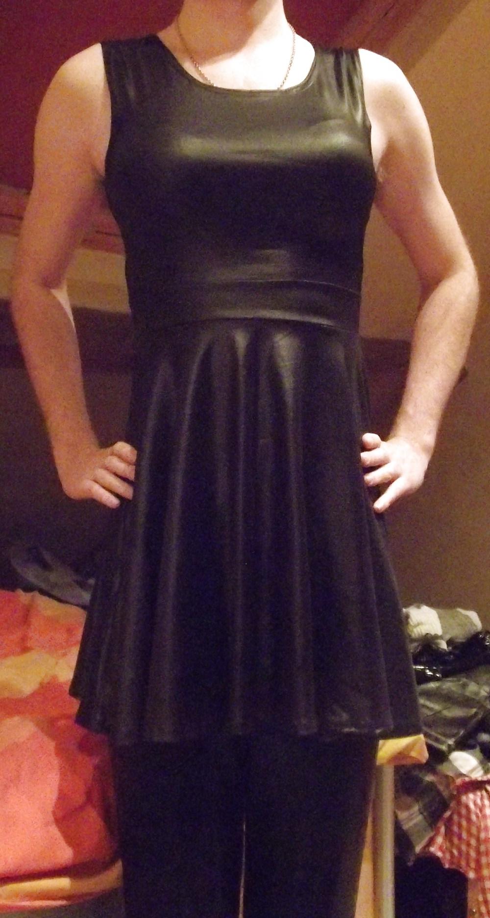 18P Crossdressing in wetlook dress and leather trousers