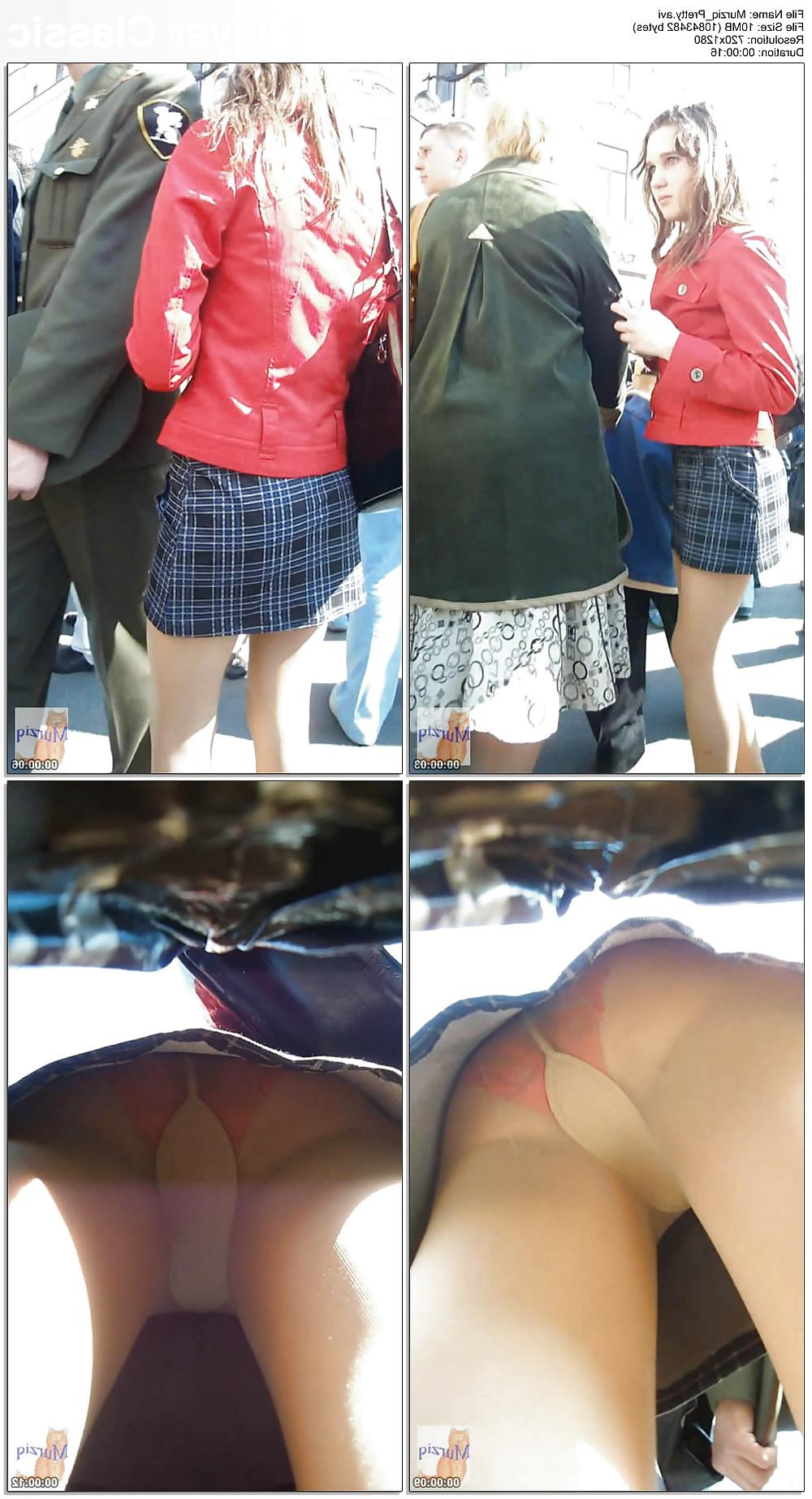 4P Pantyhose in the street-Looking up her skirt.4